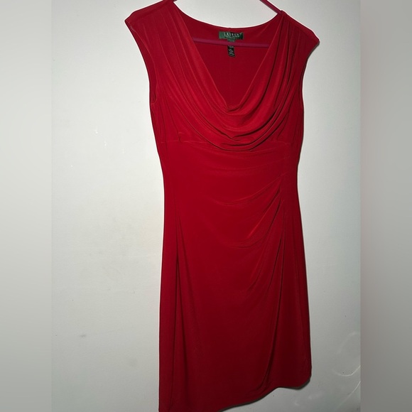 Ralph Lauren LRL Scarlet Red Cowl Neck Rusching Classy Knee Length Dress Size 6 - Picture 11 of 13